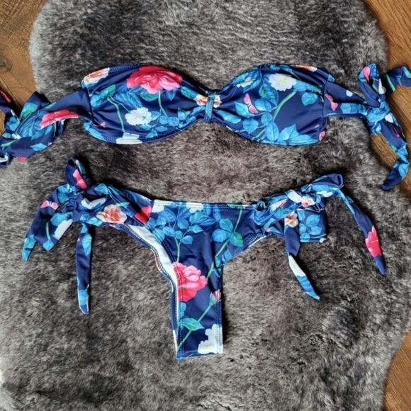New Blue Floeal Sexy Off Shoulder Self Tie Brazilian Two Piece Swimsuit - Picture 6 of 7
